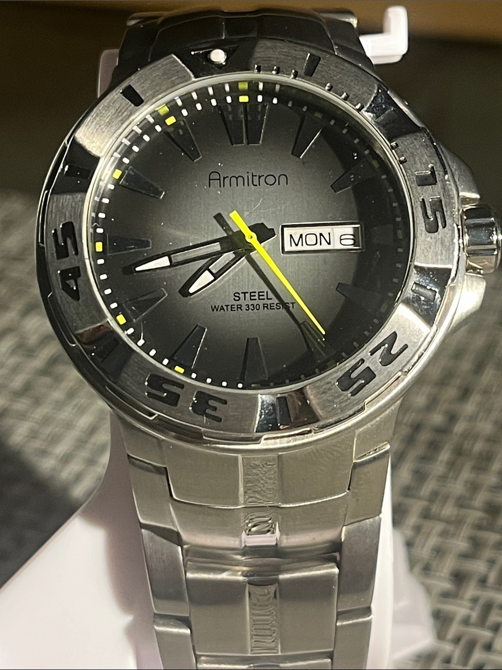 Armitron Silver Stainless Steel Watch with Black Dial and Yellow Accents